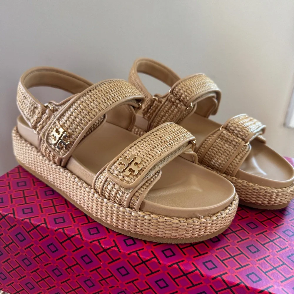 NEW IN BOX Tory Burch Kira Sport Sandal Natural Raffia Havana Sand Platform 8.5 - Picture 1 of 12